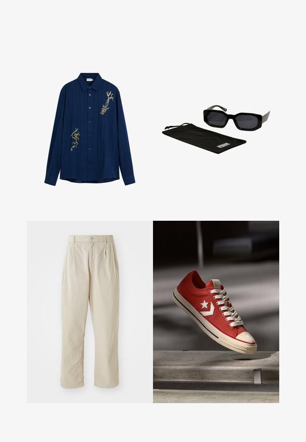 Tumesinine pikkade varrukatega nööpidega särk, millel on vertikaalsed triibud ja ees värvilised tikitud mustrid. Puuvilla segu kangas.; Beez, kergedestega püksid mugava lõikega, ees volditud pleated, nööbiga sulgemine ja mansetiga ääred. Sile tekstuur, minimaalne disain.; Punane kangast tennistoss, millel on valge staarlogo, kreemjas kummist varvas ja tekstuuriga paelad. Omab siniseid aktsente taldadel ja madalat disaini.; Musta päikeseprillid, millel on nurgelised, ülekaalukad kestad ja tumedad objektiivid, koos musta mikrokiudel kotiga, millel on logo.