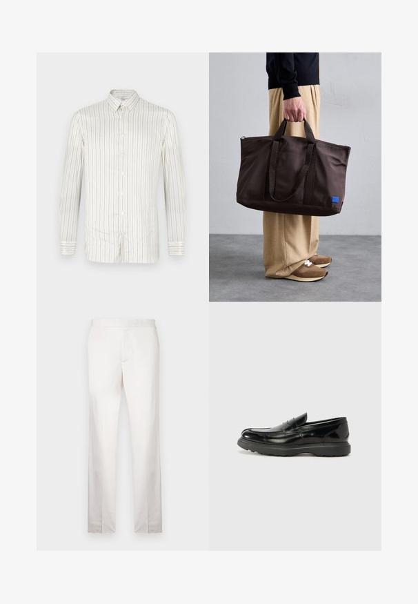Bílá košile na knoflíky s úzkými vertikálními pruhy v béžové barvě. Má špičatý límec, dlouhé rukávy a manžety na knoflíky. Hladká textura.; Světlé béžové kalhoty na míru s hladkou texturou, rovnými nohavicemi, plochým předním dílem a minimálním švem. Žádné viditelné kapsy.; Černé kožené mokasíny s lesklým povrchem, kulatou špičkou, nenápadnými švy a silnou gumovou podrážkou pro odolnost.; Hnědá nylonová taška s dvojitými uchy, zipovým uzávěrem a modrou logem nášivkou. Hladký povrch, strukturovaný design, prostorný interiér.