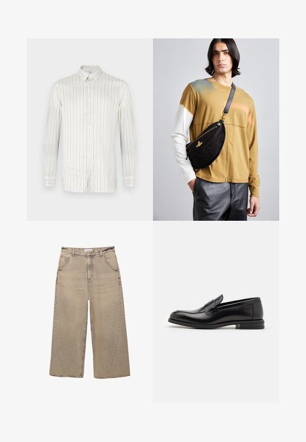 Fehér ing, keskeny vertikális bézs csíkokkal. Jellemzője a hegyes gallér, hosszú ujjak és gombos mandzsetta. Sima textúra.; PULL&BEAR MEGA BAGGY - Túlméretezett farmernadrág - light grey; Fekete bőr loaferek sima textúrával, kerek orral és dekoratív pánttal a vampnál. Alacsony, rétegelt sarkú, minimalista dizájn.; Vivienne Westwood CITY BUMBAG UNISEX - Övtáska - black