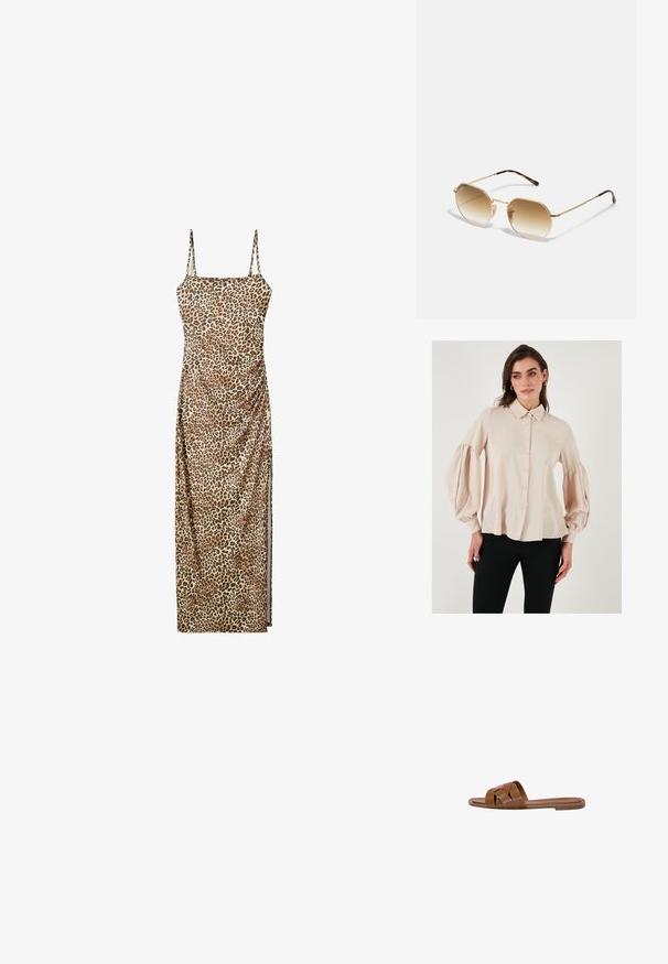 Beige skjorte med knapper, krave og puffede lange ærmer. Glat stof med en afslappet pasform, der har en lige kant.; Maxi kjole med leopardmønster, justerbare spaghettistropper, samlede sidelæg og et glat, let materiale.; Brun læder slide sandal med krydsede stropper, flad sål og en glat overflade. Enkel design uden udsmykninger eller mønstre.; Guldmetallisk solbriller med en ottekantet ramme, gradient brune linser og skildpaddemønstret detaljer på stængerne. Letvægtsdesign.