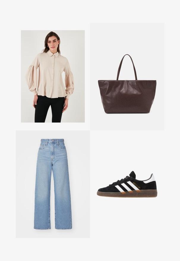 Beige blouse met knopen, een kraag en puffed lange mouwen. Gladde stof met een ontspannen pasvorm, met een rechte onderzoom.; Lichtblauwe high-waist wijde jeans met een knoop- en ritssluiting aan de voorkant, voor- en achterzakken, op een witte achtergrond.; Zwarte Adidas sneaker met witte strepen, gouden "Spezial" tekst, gumzool en witte hieltab, weergegeven in zijaanzicht.; Bruine gevlochten leren tote bag met twee handvatten, een gestructureerde vorm en een getextureerd oppervlak, met een diamantpatroon overal.