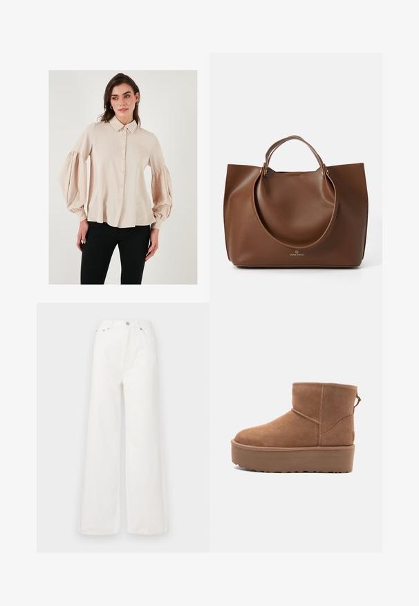 Bežs pogu krekls ar apkakli un plānām garajām piedurknēm. Gluda auduma ar brīvu piegriezumu, nodrošinot taisnu apakšmalu.; Baltās augstās platā džinsu bikses, kas izgatavotas no denima. Tām ir priekšējās kabatas, pogu aizdare un plīsumi apakšmalā.; Bēša zamšadeguna potīte ar platformas zoli, apaļu purngalu un šuvju akcentiem; aizmugurē ir vilkšanas cilpa, kas nodrošina ērtu uzvilkšanu.; Brūna ādas somiņa ar gludu tekstūru, lielām apaļām rokturiem, minimālisma dizains un logotips iepresēts apakšā.