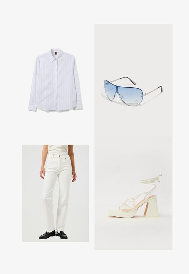 Camicia bianca a maniche lunghe con sottili righe verticali, chiusura con bottoni sul davanti e colletto classico. Tessuto morbido con una leggera lucentezza e orlo curvo.; Jeans in denim bianco con vestibilità dritta, cinque tasche, hardware in rame e chiusura con bottone. Texture liscia e design classico.; Sandalo bianco con tacco alto, caratterizzato da un design a cinturini e un legaccio alla caviglia. Texture liscia con una piattaforma frontale per un'altezza aggiuntiva.; Occhiali da sole aviator con lenti blu sfumate, montatura in metallo argentato e decorazioni a forma di stella sulle lenti. Design liscio e sofisticato.