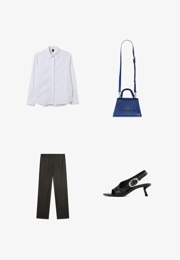 Weißes Langarmhemd mit feinen vertikalen Streifen, Knopfleiste und klassischem Kragen. Glattes Material mit leichtem Glanz und abgerundetem Saum.; Dunkelgrüne, weit geschnittene Hosen mit glatter Textur, elastischem Bund und seitlichen Taschen. Schlichtes Design ohne sichtbare Muster oder Beschläge.; Schwarzer Leder-Slingback-Schuh mit offener Spitze, der eine silberne ovale Schnalle am Riemen und einen schlanken Blockabsatz aufweist. Glatte Textur.; Blaue Kunstleder-Handtasche mit dreieckiger Form, oberem Griff und verstellbarem Schulterriemen. Sie bietet eine glatte Textur und eine Frontklappe.