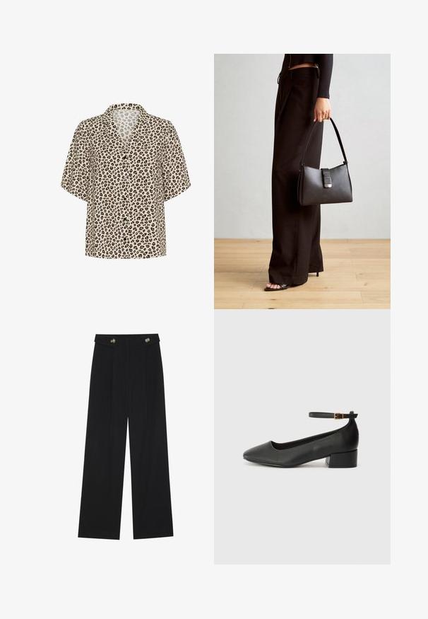 Košeľa s krátkym rukávom v béžovej farbe s leopardím vzorom, s vyrezávaným golierom, zapínaním na gombíky a ľahkým materiálom s hladkou textúrou.; Čierne široké nohavice s vysokým pásom, so zapínaním na gombíky na páse a prednými sklady.; Čierne kožené lodičky s špicatou špičkou a nízkym blokovým podpätkom. Obsahuje remienok okolo členka so zlatým prackou. Hladký povrch.; Čierna kabelka so štruktúrovaným tvarom, hladkou textúrou a kovovou sponou. V kombinácii so širokými čiernymi nohavicami a sandálmi s otvorenou špičkou na drevenej podlahe.