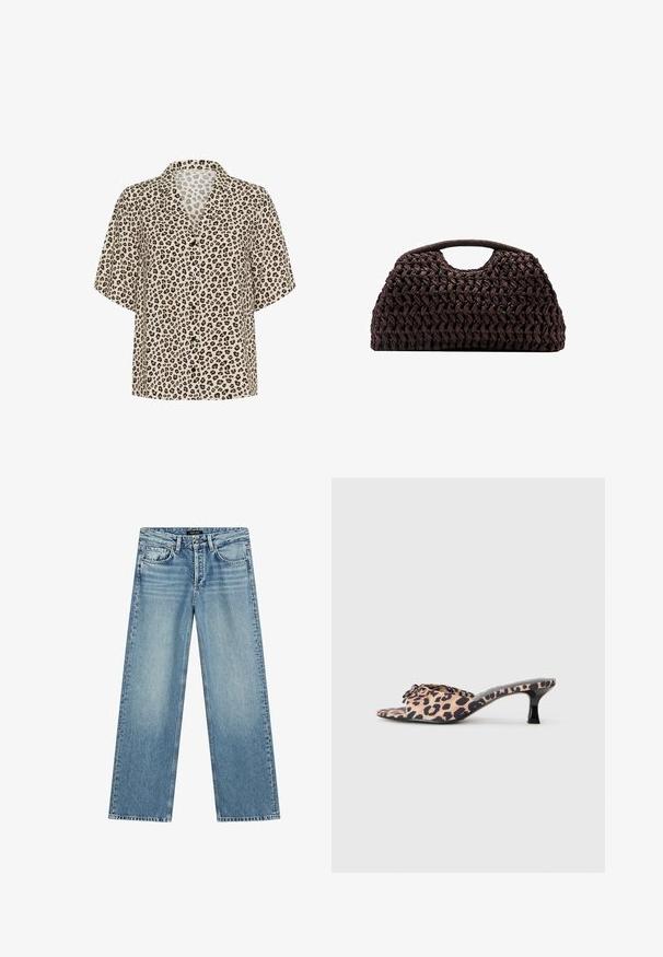 Beige Kurzarmhemd mit Leopardenmuster, ausgestattet mit einem eingekerbten Kragen, Knopfverschluss und leichtem Stoff mit glatter Textur.; Hellblaue Jeans mit weitem Bein aus Denim. Verfügt über fünf Taschen, einen Knopfverschluss und dezentes Verblassen, das eine strukturierte Optik erzeugt.; Leopardenmuster-Mules mit einem niedrigen, schwarzen Stiletto-Absatz. Obermaterial aus weichem Stoff mit einer Knoten-Detail vorne und einer glatten, flachen Sohle.; Geflochtener brauner Handtasche mit runder Silhouette, ausgestattet mit einem oberen Griff und strukturierten Oberfläche. Kompaktes Design mit flachem Boden für Stabilität.