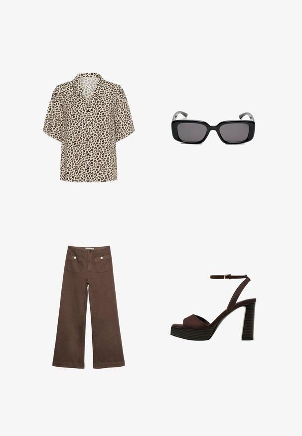 Leopard-mønstret kortærmet skjorte i beige, med spids krave, knaplukning foran og let stof med en glat tekstur.; Brune bredbenede bukser lavet af bomuld, med to forlommer med sølvknapper og en glat tekstur.; Brune ruskinds højhælede sandal med åben tå, justerbar ankelrem og en stribet plade sål.; Sorte rektangulære solbriller med mørke linser, glat plastikramme og buede stænger. Designet er klodset med en minimalistisk æstetik.