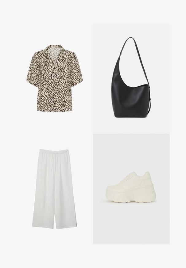 Korte mouw shirt met luipaardprint in beige, voorzien van een ingesneden kraag, knoopsluiting en een lichtgewicht stof met een gladde textuur.; Witte wijde broek van lichtgewicht stof, met een elastische tailleband en een trekkoord voor een verstelbare pasvorm. Glad texture.; Witte platform sneakers met een gladde leren bovenkant, afgeronde vorm, gewatteerde kraag en een gestructureerde rubberen zool met duidelijke profiel.; Zwarte leren hobo tas met een gladde textuur, kromme vorm en een enkele verstelbare schouderband; heeft een brede opening aan de bovenkant.
