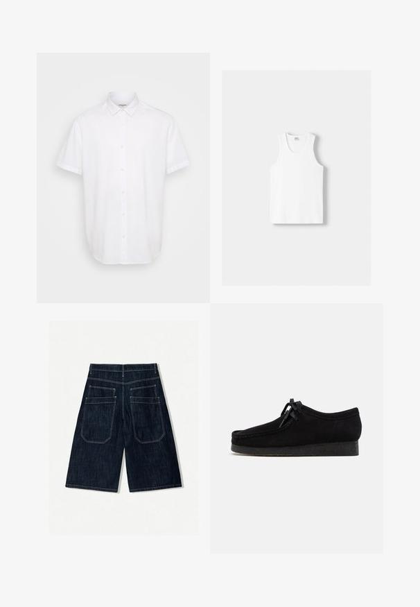 Bílá krátká košile na knoflíky vyrobená z lehkého materiálu. Má klasický límeček, rovný spodní lem a jemnou texturu.; Bílý bavlněný top na ramínka s kulatým výstřihem, širokými ramínky a rovním lemem, s hladkou texturou a bez viditelných vzorů.; Tmavě modré denimové šortky s volným střihem, obsahující dvě zadní kapsy, kontrastní šití a rovný střih nohavic.; Černé semišové boty s kulatou špičkou, šněrováním vpředu a strukturovanou černou gumovou podrážkou. Hladký svršek s jemným prošíváním.