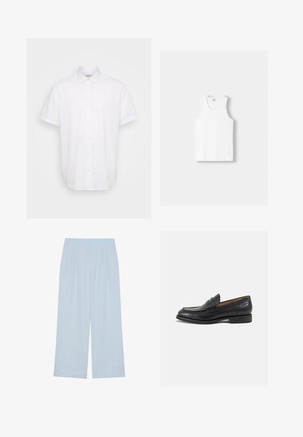 Bílá krátká košile na knoflíky vyrobená z lehkého materiálu. Má klasický límeček, rovný spodní lem a jemnou texturu.; Bílý bavlněný top na ramínka s kulatým výstřihem, širokými ramínky a rovním lemem, s hladkou texturou a bez viditelných vzorů.; Světlemodré široké kalhoty vyrobené z hladkého materiálu, s předními skladbami a elastickým pasem pro pohodlí.; Černé kožené mokasíny s hladkým povrchem, zaoblenou špičkou a dekorativním prošíváním na svršku. Nízký podpatka a mírný lesk.
