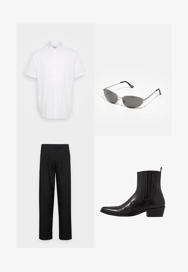 Chemise blanche à manches courtes avec boutonnières, confectionnée en tissu léger. Présente un col classique, un ourlet droit et une texture subtile.; Pantalons noirs en tissu lisse, avec une coupe droite, deux plis avant et une taille standard avec passants de ceinture.; Bottine noire en cuir avec un bout pointu, des panneaux latéraux élastiques, des accents de coutures verticales et un petit talon bloc.; Lunettes de soleil avec une monture en métal argenté élégant, des verres teintés gris et un design aérodynamique avec des bords pointus et des branches fines.