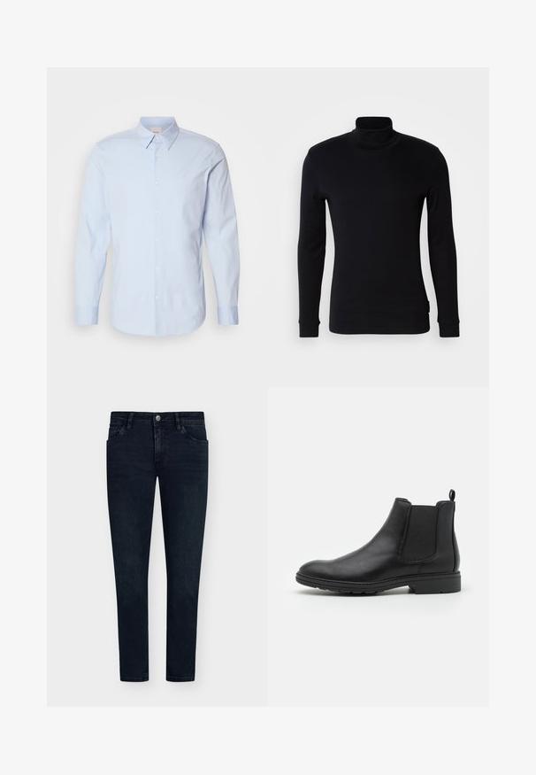 Jasnoniebieska, długorękawowa koszula zapinana na guziki, wykonana z bawełny, z klasycznym kołnierzykiem, z małym logo na piersi i prostym dołem.; Czarna bluzka z długim rękawem i kołnierzem typu golf wykonana z miękkiego materiału. Posiada dopasowany krój, ściągacze na rękawach oraz gładką teksturę. Brak wzorów i logo.; Ciemnoniebieskie dżinsy o slim fit, pięć kieszeni, zapięcie na guzik i minimalne przetarcia. Gładki przód i wąskie nogawki.; Czarne skórzane botki typu Chelsea z elastycznymi panelami bocznymi i uchwytem, z zaokrąglonym noskiem i teksturowaną gumową podeszwą.