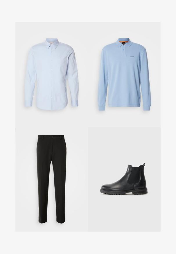 Világoskék, hosszú ujjú, gombos ing, pamutból készült, klasszikus gallérral, apró logóval a mellrészen és egyenes szegéllyel.; Világoskék, hosszú ujjú pólóing strukturált anyagból, gallérral és két gombbal, az elején hímzett "BOSS" logóval.; Fekete nadrág sima szövetből, egyenes lábakkal, gombos záródással és klasszikus designnal, amely alkalmas formális vagy hétköznapi viseletre.; Fekete bőr Chelsea csizma elasztikus oldalsó panelekkel, húzófüllel, kerek orral és strapabíró talppal, amely tapadóbarázdákkal rendelkezik.
