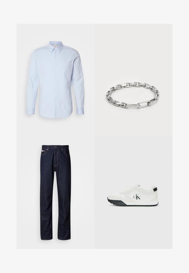 Camicia azzurra chiaro a maniche lunghe con bottoni, realizzata in cotone, con colletto classico, dotata di un piccolo logo sul petto e orlo dritto.; Jeans in denim blu scuro con un design a gamba dritta, dotati di chiusura con bottoni, cinque tasche e dettagli di cucitura a contrasto.; Sneaker bianco Calvin Klein con suola nera, pannelli in suede e mesh, logo CK sul lato e branding Calvin Klein sul tallone e sulla suola.; Bracciale in argento con maglie ovali e rettangolari dal finish liscio. Logo Calvin Klein inciso su una maglia piatta.