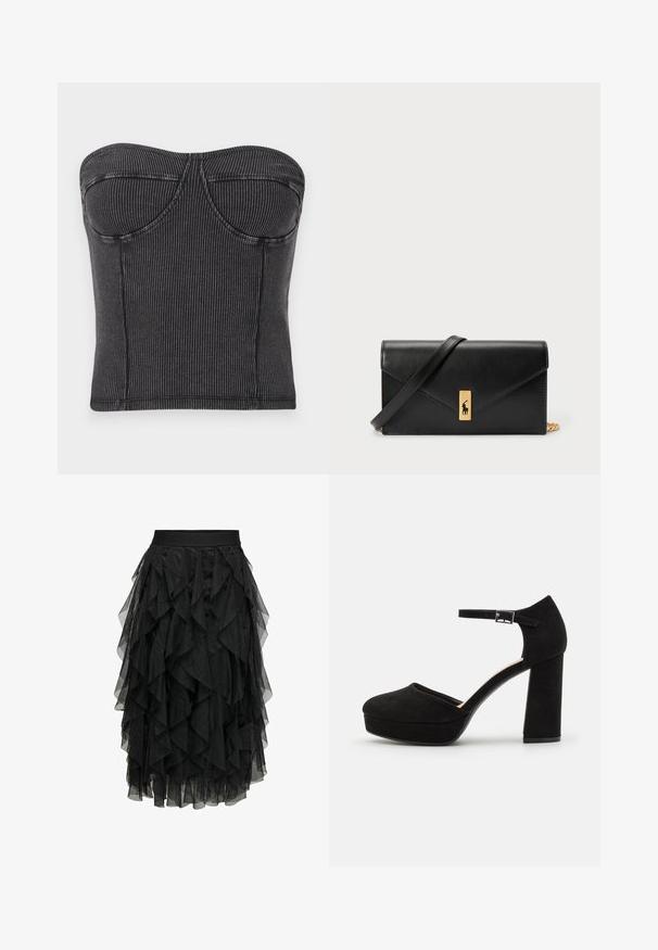 Fekete, pánt nélküli felső bordázott anyagból, testhez simuló fazonnal, ívelt varratokkal és sima textúrával. Nincs látható záródás vagy díszítés.; Fekete midi szoknya réteges tüllből, fodros designnal. Rugalmas derekú. Átlátszó anyaga textúrát és mozgást kölcsönöz.; Fekete velúr platform sarkú cipők vastag, blokksarkúval, lekerekített orral és fémcsattal rögzített bokapánttal. Simább textúrájú egész terjedelemben.; Fekete bőr pénztárca hajtható fedéllel, aranyszínű kiegészítőkkel, logóval díszítve. Levehető pánttal a könnyű hordozás érdekében.