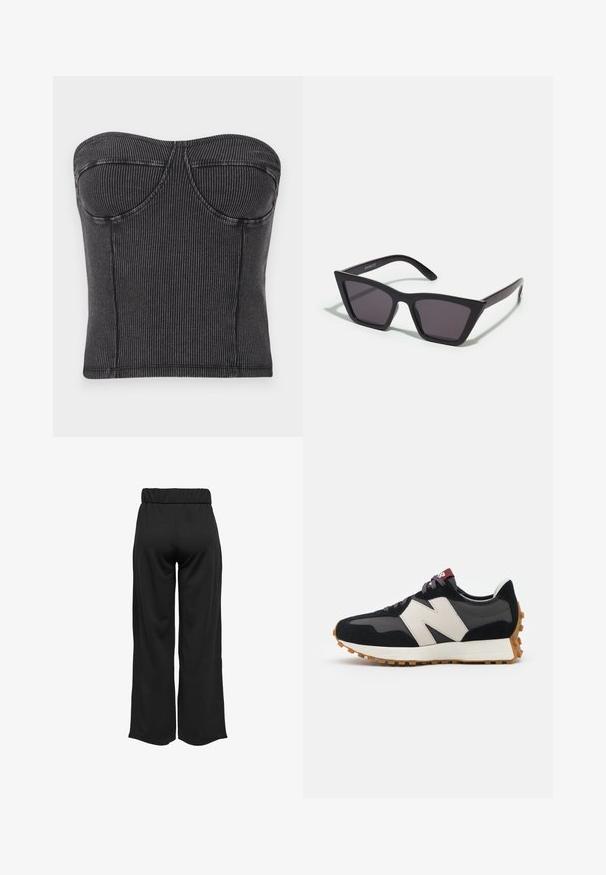 Top negru fără bretele, dintr-un material ribber, cu un design ajustat, cusături curbate și o textură netedă. Fără închideri sau embellishments vizibile.; Pantaloni negri, cu croi larg și talie elastică, realizați dintr-un material neted. Au un design simplu, fără buzunare sau detalii de cusătură vizibile.; Adidași din suede negru și gri cu un mare logo "N" de culoare crem, sireturi purpurii și o talpă din cauciuc texturat de culoare gumă.; Ochelari de soare negri, unghiulari, cu lentile gri; fabricați din plastic, având brațe groase cu o suprafață netedă și fără hardware vizibil.