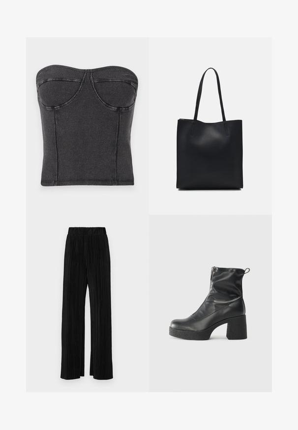 Top negru fără bretele, dintr-un material ribber, cu un design ajustat, cusături curbate și o textură netedă. Fără închideri sau embellishments vizibile.; Pantaloni negri plisati cu talie elastică. Prezintă picioare largi și un material neted, texturat, cu dungi verticale.; Bocanci negri de glezna din piele netedă, cu fermoar lateral, toc texturat și masiv, și design cu vârf rotund.; Geantă tote neagră din piele, cu textură netedă, formă rectangulară și două mânere lungi. Fără hardware vizibil sau ornamente.