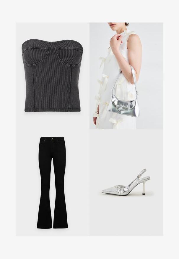 Black strapless top made of ribbed fabric, featuring a fitted design, curved seams, and a smooth texture. No visible fastenings or embellishments.; Black high-waist jeans with a button and zip closure, front pockets, and flared legs laid flat on a white background.; Silver slingback high heel shoe with a pointed toe, metallic finish, two decorative straps, and a slender heel with a black tip.; Silver metallic handbag with a structured shape, featuring a top handle and bow detail on the front. Smooth texture, reflective finish.