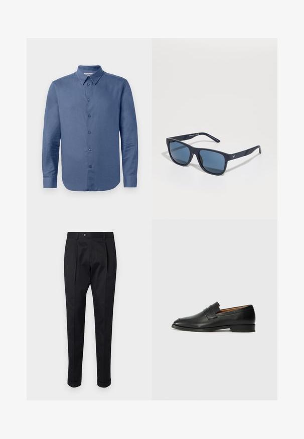 Chemise bleu à manches longues et à boutons, avec col pointu et poignets, présentée sur un fond blanc.; Pantalons noirs en tissu lisse, avec un pli à l'avant, une fermeture à bouton et des ourlets roulés à la cheville.; Mocassin en cuir noir avec un bout arrondi, des coutures subtiles et un talon bas, présentant une texture lisse et un design minimaliste.; Lunettes de soleil rectangulaires bleues avec verres foncés, monture mate marine, détail de logo sur la branche, branches droites et texture lisse et uniforme.