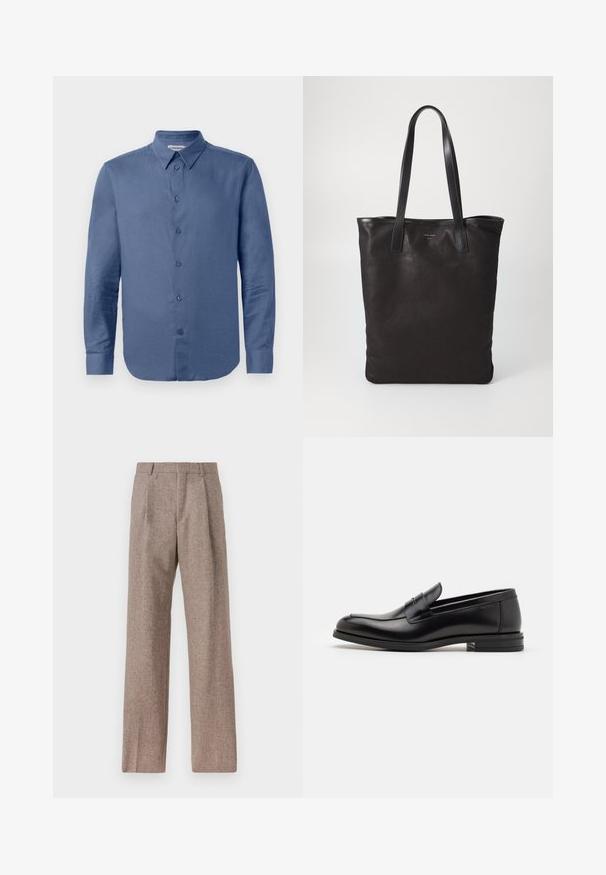 Zils garām piedurknēm pogājams krekls ar norādītu apkakli un aprocēm, rādīts uz balta fona.; Brūni, augstos šortos izgatavoti no teksturēta auduma. Iezīmē plašas kājas un divas priekšējās krokas, kas nodrošina struktūru. Kārtīga apdare bez redzamām detaļām.; Melnas ādas kurpes ar gludu tekstūru, noapaļu purngalu un dekoratīvu siksniņu pāri priekšpusei. Zems sakrauts papēdis, minimālisma dizains.; Melnas auduma iepirkumu soma ar melnām ādas rokturiem. Vienkāršs dizains, plaša forma un gluda tekstūra. Nav redzamu logo vai rakstu.