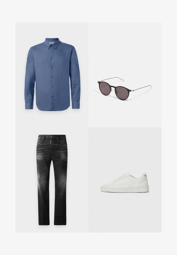 Mėlyna ilgomis rankovėmis mygtukų užsegimo marškinėliai su smailiu apykakle ir rankogaliais, eksponuojami prieš baltą foną.; Juodi džinsai su tiesiu kirpimu. Spalvoti svyrantys plotai, šiek tiek sugadinti, klasikinis penkių kišenių dizainas ir mygtuko uždarymas.; Balti odiniai sportiniai bateliai su lygia apdaila, apvaliu pirštu, plokščiais raišteliais ir tekstūruotu padu. Pasižymi subtiliu logotipu ant kulno.; Juodos apvalios saulės akinių su tamsiais lęšiais ir plonomis metalinėmis šakomis. Įtraukti skaidrūs šventyklų galai ir sidabriniai akcentai vyrio srityje. Minimalistinis dizainas.