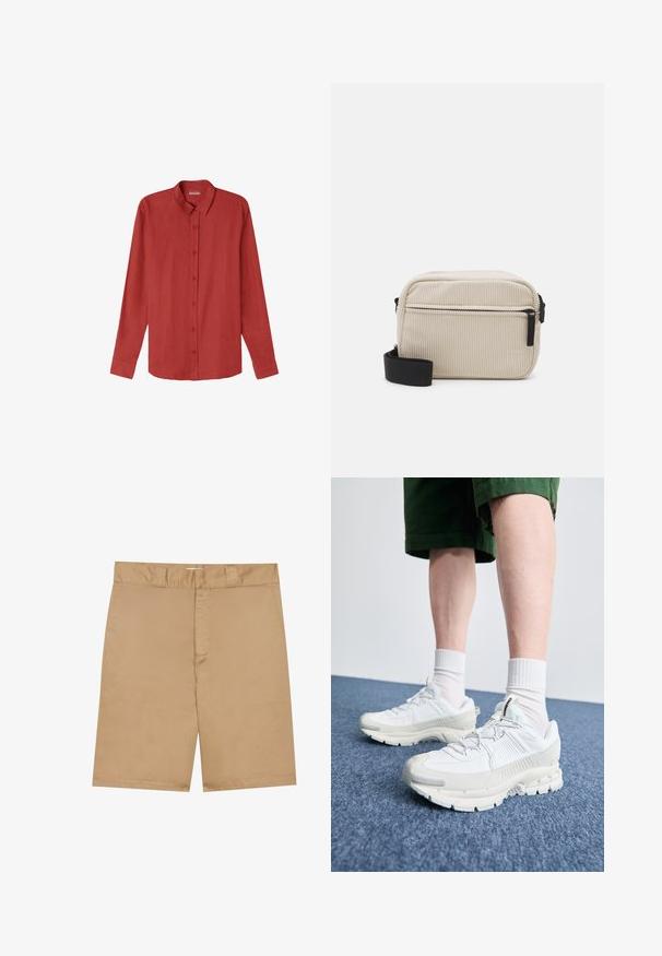 IUMAN Intimissimi Uomo Zakelijk overhemd - rot; Khaki korte broek met een platte tailleband, rits aan de voorkant en zijzakken; gemaakt van een gladde, lichte stof met een subtiele textuur.; Witte sportieve schoenen met textuuroverlays, een dikke zool en grijze accenten. Draag ze met witte crew-sokken en groene shorts op een blauwe ondergrond.; Crème-kleurige corduroy schoudertas met een zwarte rits, afneembare schouderband en een gestructureerd patroon. Bevat één hoofdcompartiment en een voorvak.