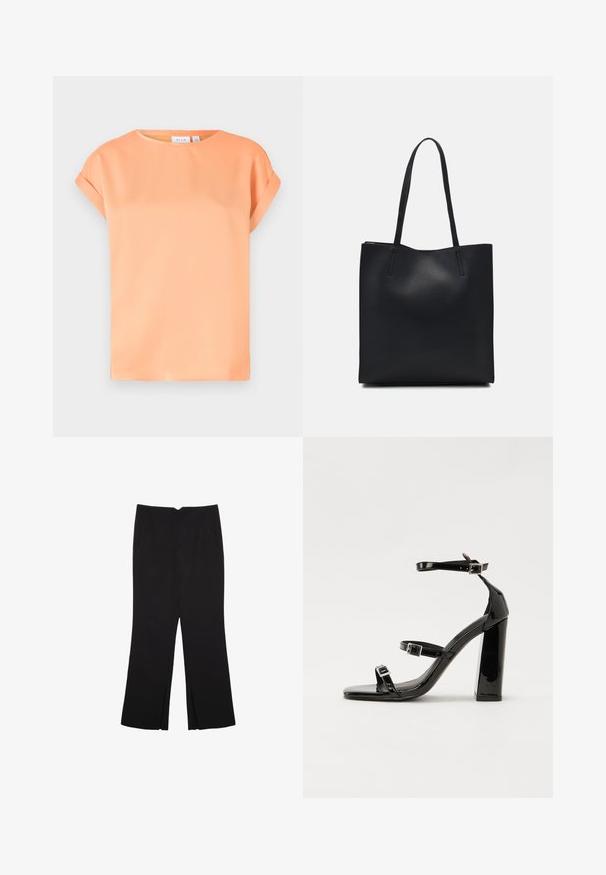 T-Shirt mit kurzen Ärmeln aus zartem orangefarbenem Stoff. Rundhalsausschnitt, lockere Passform mit umgeschlagenen Manschetten. Glatte Textur mit leichtem Glanz.; Schwarze Hose mit geradem Schnitt, ausgestattet mit Fronttaschen und Seitenschlitzen am Saum. Hergestellt aus weichem, glattem Stoff. Geeignet für verschiedene Anlässe.; Schwarze patentierte Sandalen mit Absatz, quadratischer Spitze, Knöchelriemen und silbernen Schnallen. Mit einem stabilen Blockabsatz für mehr Stabilität.; Schwarze Laptoptasche aus Leder mit glatter Textur, rechteckiger Form und zwei langen Griffen. Keine sichtbaren Beschläge oder Verzierungen.
