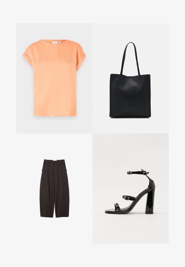 Majica s kratkim rukavima od mekog narančastog materijala. Okrugli izrez, opušteni kroj s zavrnutim manžetama. Glatka tekstura s laganim sjajem.; Crne široke hlače napravljene od glatke tkanine, s visokim strukom, prednjim nabranjima i bočnim džepovima. Jednostavan dizajn bez ukrasa.; Crne lakirane sandale na visoku petu s dva remena s kopčama, kvadratnim vrhom i masivnom blok petom, s glatkom, sjajnom teksturom.; Crna kožna torba za nošenje s glatkom teksturom, pravokutnim oblikom i dvije duge ručke. Nema vidljivih metalnih dijelova ili ukrasa.