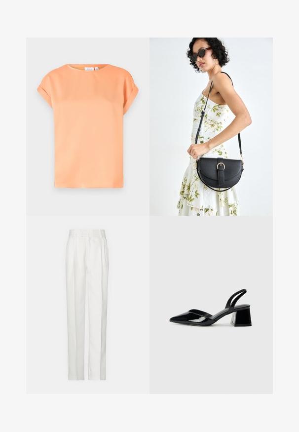 Top a maniche corte in morbido tessuto arancione. Collo rotondo, vestibilità rilassata con orli arrotolati. Texture liscia con una leggera lucentezza.; Pantaloni bianchi a righe sottili con un design a gamba dritta, realizzati in un tessuto leggero. Presentano pince sul davanti e una vita tradizionale.; Décolleté in vernice nera con punta affusolata e tacco in geometria cubica. Presentano un design elegante e minimalista, con una texture liscia.; Borsa a tracolla nera in pelle con una forma curva, manico rimovibile e accessori dorati. La borsa presenta una patta con un dettaglio a fibbia.