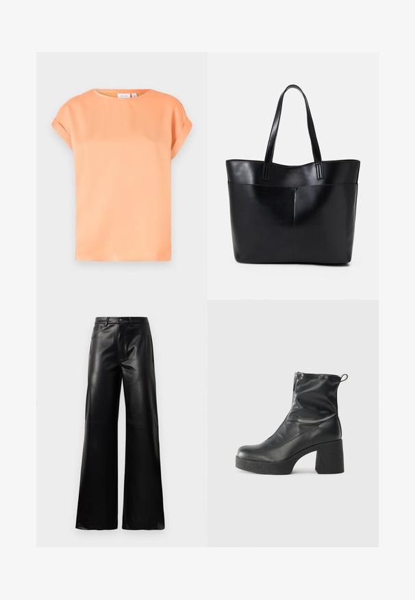 Krótki rękaw w miękkim pomarańczowym materiale. Okrągły dekolt, luźny krój z podwiniętymi mankietami. Gładka tekstura z delikatnym blaskiem.; Czarne, wysokie na talii, szerokie spodnie z sztucznej skóry z guzikami z przodu, zapięciem na zamek, szlufkami na pasek i bocznymi kieszeniami na białym tle.; Czarne botki za kostkę wykonane z gładkiej skóry, wyposażone w boczny zamek błyskawiczny, masywny teksturowany obcas oraz zaokrąglony czubek.; Czarna skórzana torba na ramię z dwoma długimi uchwytami, gładką teksturą i sztywną formą. Posiada przednią kieszeń dla dodatkowego przechowywania.
