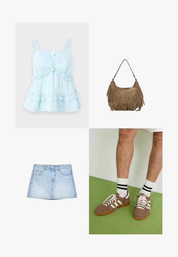 Světle modrý top bez rukávů s volánkovými ramínky a zdobením v dolní části. Vyrobeno z lehkého materiálu s vrstveným designem.; Světle modrá džínová sukně s rovný střih, předními kapsami a poškozenými detaily. Dokončeno s knoflíkem a zipovým uzávěrem.; Hnědé semišové tenisky s bílými akcenty a tkaničkami. Gumová podrážka. Nošeny s bílými ponožkami s černými pruhy. Zelená strukturovaná podlaha.; Hnědá semišová kabelka s dlouhými třásněmi, zakřiveným tvarem a jedním ramenním popruhem. Vyznačuje se hladkým, texturovaným povrchem.