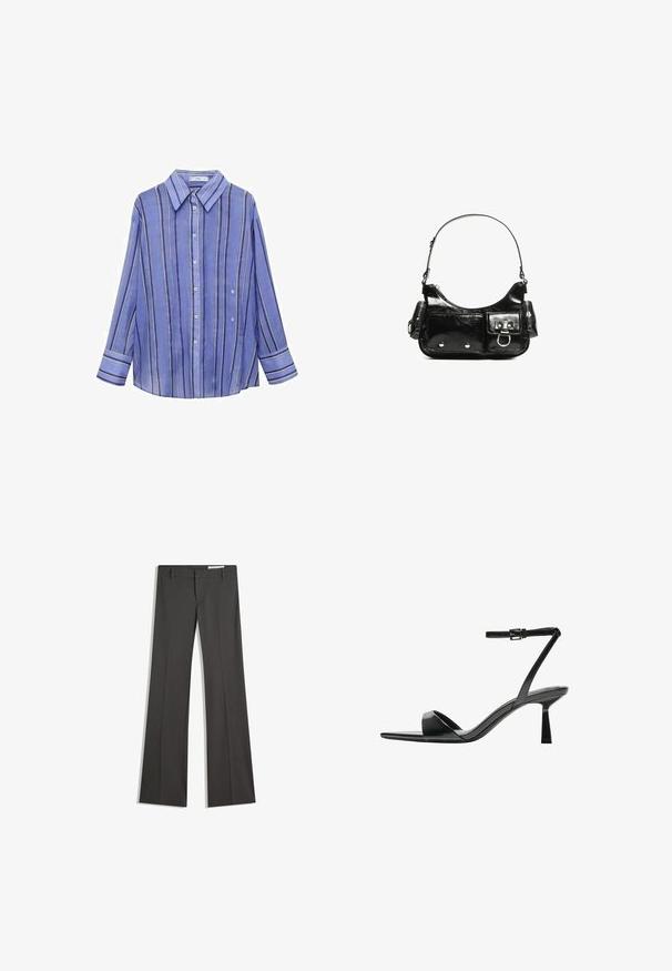 Blauw gestreept overhemd met lange mouwen, knoopsluiting aan de voorkant, kraag en contrasterende verticale strepen in wit en paars. Glad textuur van de stof.; Grijze flared broeken van een gladde stof, met een platte voorkant, riemlussen en een op maat gemaakt ontwerp met strakke lijnen.; Bershka Sandalen met hoge hak - black; Zwarte laarzen in lakleer met een gebogen vorm, één schouderband, voorvakken en accenten in zilverkleurig metaal.