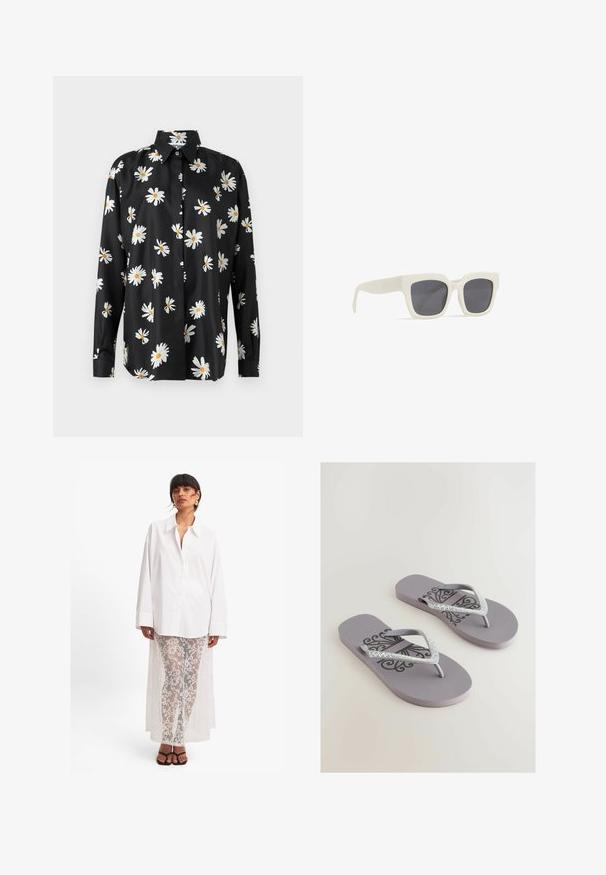 Svart skjorta med knappupptäckning som har ett prydnadstryck av prästkragar i vitt och gult. Tillverkad av ett mjukt tyg med klassisk krage och långa ärmar.; Vit skjorta med knappar och långa ärmar, matchad med genomskinliga vita spetsbyxor med blommönster och en lång baksida. Svarta sandaler.; Grå flip-flops med en strukturerad fotbädd, som har ett dekorativt svart mönster och glittrande rhinestones-dekorerade remmar i V-form.; Vita plastsolglasögon med grå linser. Fyrkantig ramform. Har subtil märkning på bågen. Slät yta med matt finish.