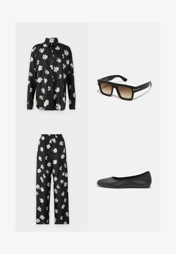 Czarna koszula z guzikami, zdobiona printem stokrotek w białym i żółtym kolorze. Wykonana z gładkiego materiału z klasycznym kołnierzykiem i długimi rękawami.; Czarne piżamowe spodnie z lekkiego materiału z elastycznym paskiem w talii, w biały wzór stokrotek z pomarańczowymi środkami na całej powierzchni.; Czarne skórzane baletki z zaokrąglonym noskiem, gładką fakturą, minimalnymi przeszyciami i elastycznym designem podeszwy.; Okulary przeciwsłoneczne w kolorze żółwia z kwadratową ramą, gradientowymi brązowymi soczewkami i subtelnymi złotymi akcentami na zausznikach.
