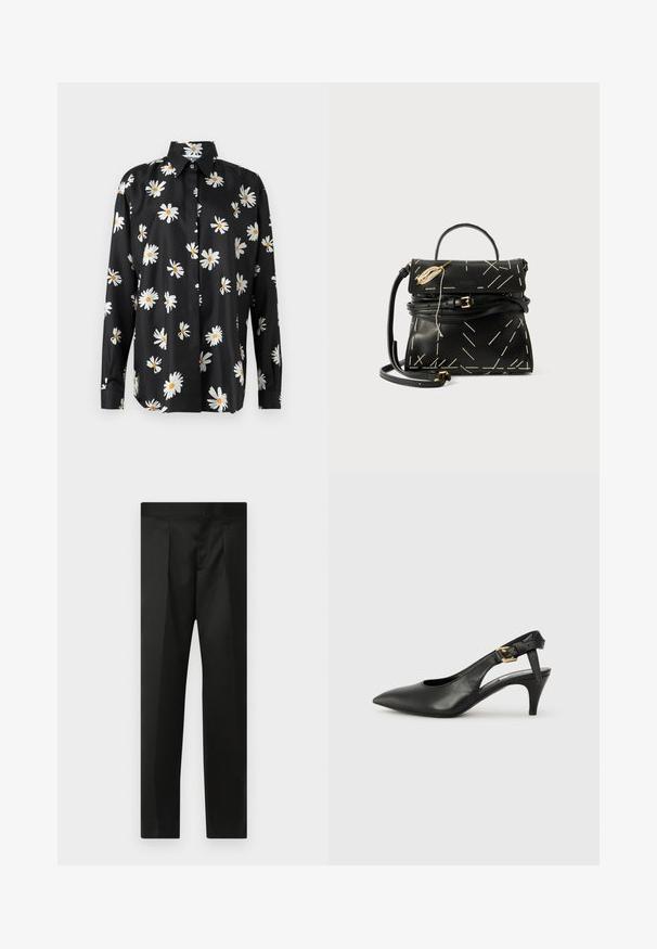 Melna pogu krekla ar margrietiņu rakstu baltā un dzeltenā krāsā. Izgatavots no gludas auduma ar klasisku apkakli un garām piedurknēm.; Melnas bikses ar gludu audumu, pielāgotu dizainu, taisnām kājām un platu jostu bez redzamām aizdaram vai kabatām.; Melnas ādas siksnu pumpas ar norādītu pirkstu, nelielu papēdi un sprādzes detaļu uz potītes siksnas. Gluda tekstūra, minimalistisks dizains.; Melnas ādas rokassomu ar ģeometrisku baltu šuvumu, augšējo rokturi un noņemamu plecu siksnu. Iekļauj zeltītus akcentus un rāvējslēdzēja aizdari.