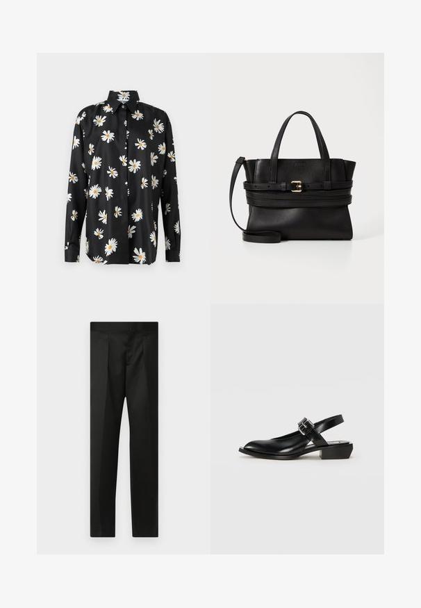 Black button-up shirt featuring a daisy print in white and yellow. Made of smooth fabric with a classic collar and long sleeves.; Black trousers featuring a smooth fabric, tailored design, straight legs, and a flat waistband with no visible closures or pockets.; Black leather slingback shoe with a pointed toe, square heel, and adjustable buckle strap. Smooth texture with minimalistic design.; Black leather handbag with structured design, dual top handles, detachable strap, and gold buckle accent on a horizontal band.
