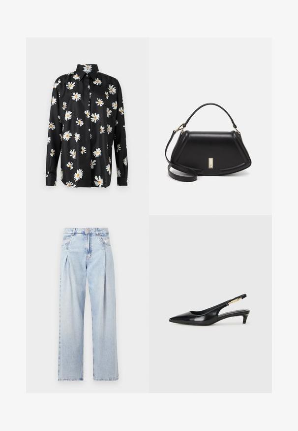 Czarna koszula z guzikami, zdobiona printem stokrotek w białym i żółtym kolorze. Wykonana z gładkiego materiału z klasycznym kołnierzykiem i długimi rękawami.; Jasnoniebieskie dżinsy z wysokim stanem, szerokimi nogawkami, dwoma bocznymi kieszeniami oraz plisowanym wzorem. Miękka tekstura z wyblakłym wykończeniem.; Czarne skórzane szpilki typu slingback z ostrym noskiem, posiadające smukły obcas i złoty akcent na regulowanym pasku. Gładka tekstura.; Czarna skórzana torebka o strukturalnym designie, z przyciętą formą, górnym uchwytem i złotymi akcentami. W zestawie regulowany pasek na ramię.