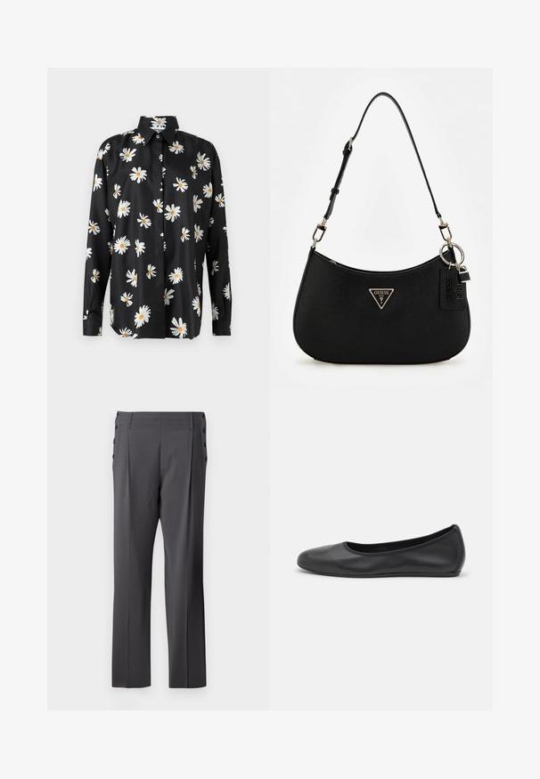 Zwarte button-up shirt met een madeliefjesprint in wit en geel. Gemaakt van gladde stof met een klassieke kraag en lange mouwen.; Grijze op maat gemaakte broek met een recht gesneden ontwerp, voorplooien en decoratieve zijknopen voor extra detail. Vriendelijke stoftextuur.; Zwarte leren ballerina met een ronde neus, gladde textuur, minimale stikdetails en een flexibele zoolontwerp.; Zwarte synthetische schoudertas met een gebogen silhouet, textuurafwerking, gouden driehoeklogo en afneembare hardwareaccenten.
