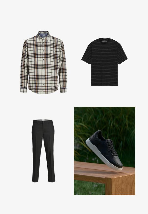 Plaid flannel shirt in cream, blue, and brown. Long sleeves, button-up front, standard collar, featuring a chest pocket and rounded hem.; Black short-sleeve t-shirt featuring thin white horizontal stripes. Made from soft fabric with a crew neckline and relaxed fit.; Black trousers, tailored fit, smooth fabric, mid-rise waist, front button closure, diagonal pockets, and crease detailing down the legs.; Black sneaker with white sole suspended above wooden bench, green foliage in the blurred background.