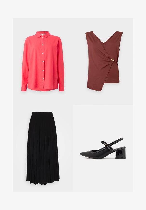 Koraldna košulja dugih rukava s kragnom na gumbe, izrađena od laganog materijala, s ravnim krojem i bijelim gumbima sprijeda.; Bezručni smeđi zamotan top s asimetričnom rubom i zlatnim dekorativnim kopčanjem sa strane.; Crna plisirana suknja s visokim, rastezljivim pojasom. Izrađena od mekog materijala, s vertikalnim plisama koje stvaraju lepršav siluetu.; Crne lakirane slingback visoke potpetice s šiljastim vrhom, zaobljenim izrezom i blok potpeticom. Sadrži akcent zlatnog tona s kopčom.