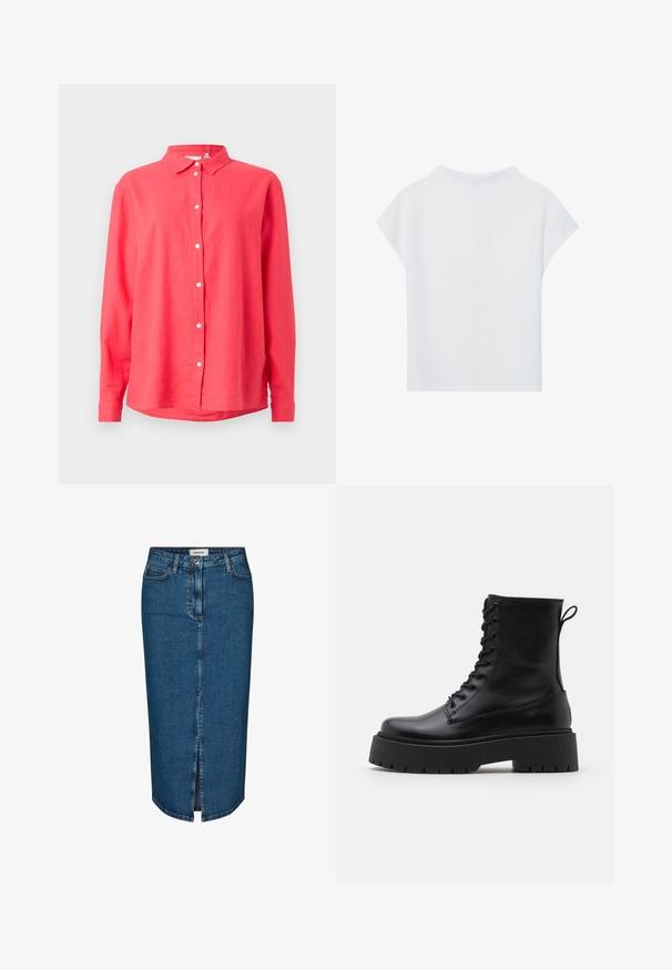 Koralfarbenes Langarmhemd mit Button-Down-Kragen, aus leichtem Stoff, mit geradem Schnitt und weißen Frontknöpfen.; Weißes Kurzarmoberteil mit lockerer Passform, leichtem Material und rundem Ausschnitt. Die Rückansicht zeigt ein glattes, schlichtes Design.; Dunkelblauer Denim-Bleistiftrock mit einem Schlitz vorne, fünf Taschen und kontrastierenden Nähten. Mittlere Taillenhöhe mit klassischem Design.; Schwarze Lederstiefeletten mit runder Zehenpartie, Schnürung vorne und einer dicken Gummisohle mit strukturiertem Profil. Mit Zugschlaufe an der Rückseite.