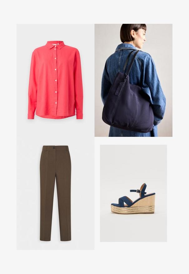 Soomus, millel on pikk varrukas ja nööpidega krae, on korallivärvi, kerge materjaliga, otse lõikega ning valgete esinööbiga.; Sirgedate pruunid püksid, millel on vöökohad ja üks eesmine nööp sulgemiseks, esitatud valgel taustal.; Tumesinine klotsmanisaapad ristatud rihmadega, tekstureeritud looduslikust kiust platvorm ja kuldne metallist aktsent põhjas.; Tumesinise kangast õlalauk, millel on pehme, struktureeritud kuju, must rihm, tikandiga detailid ja väike brändi silt.