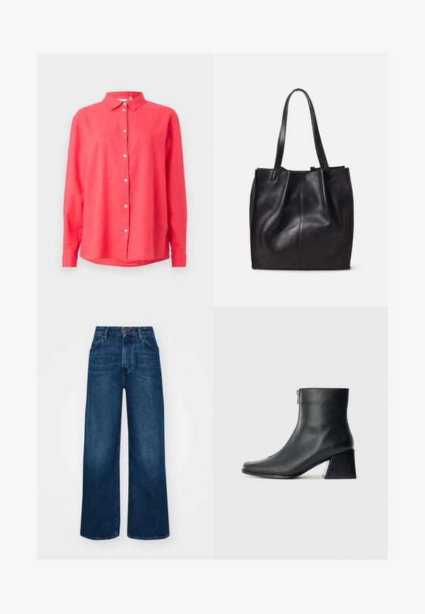 Koralfarbenes Langarmhemd mit Button-Down-Kragen, aus leichtem Stoff, mit geradem Schnitt und weißen Frontknöpfen.; Hochtaillierte, weit geschnittene Jeans in dunkelblauem Denim mit glatter Textur, Kontrastnähten und einem Fünf-Taschen-Design. Verschluss mit einem Frontknopf.; Schwarze Lederstiefelette mit quadrater Zehenform, seitlichem Reißverschluss und Blockabsatz vor einem schlichten hellen Hintergrund.; Schwarze Ledertasche mit strukturierten Oberflächen, einem Hauptfach und zwei langen Griffen. Weiche, ungeformte Gestalt ohne sichtbare Beschläge.