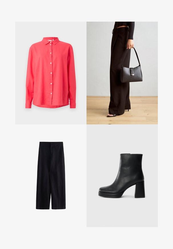 Coral long-sleeve shirt with a button-down collar, made of lightweight fabric, featuring a straight cut and white front buttons.; Black wide-leg trousers made from lightweight fabric. Features a flat waistband with a front zip and pockets, suitable for casual or formal wear.; Black leather ankle boot with a block heel and platform sole, viewed from the side on a plain white background.; Black handbag with structured shape, smooth texture, and a metallic clasp. Paired with wide black pants and open-toe sandals on wooden floor.