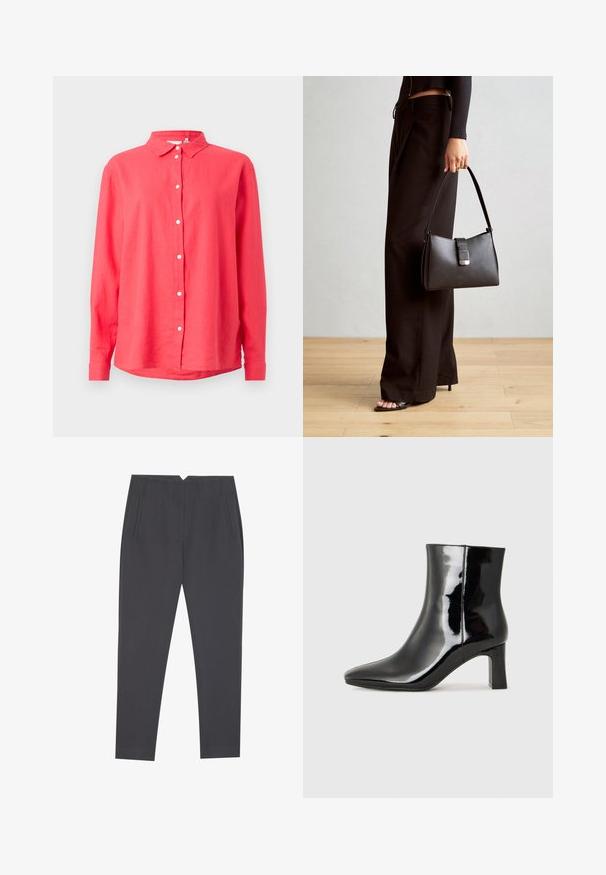 Coral long-sleeve shirt with a button-down collar, made of lightweight fabric, featuring a straight cut and white front buttons.; Dark gray tapered trousers with side pockets and front pleats, designed for a tailored fit.; Black patent leather ankle boot with a pointed toe and a mid-height block heel. Smooth texture and minimalist design.; Black handbag with structured shape, smooth texture, and a metallic clasp. Paired with wide black pants and open-toe sandals on wooden floor.
