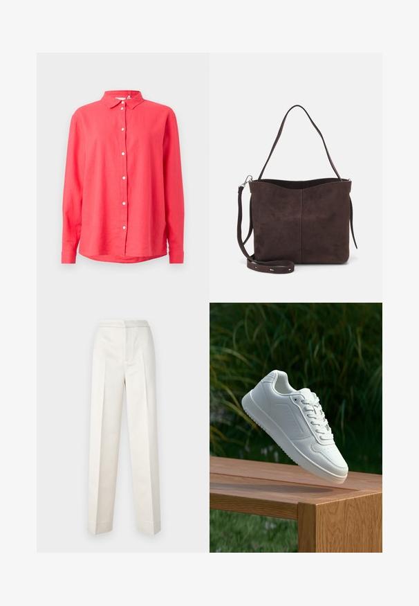 Cămașă corai cu mânecă lungă, cu guler tip button-down, realizată dintr-un material ușor, având o croială dreaptă și nasturi albi în față.; Pantaloni de culoare crem, cu o croială ajustată, având picioare drepte, material neted, pliseuri frontale și tiv curat. Design minimalist.; Sneaker alb cu un upper sintetic neted, cu vârf perforat, șireturi plate și o talpă texturată, expus pe o suprafață de lemn.; Geantă tote din suede maro, cu o textură moale, având un singur mânere pentru umăr și o deschidere superioară subtil curbată. Fără detalii hardware vizibile.