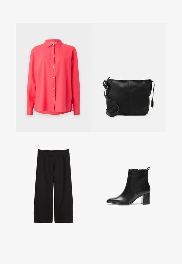 Koralfarbenes Langarmhemd mit Button-Down-Kragen, aus leichtem Stoff, mit geradem Schnitt und weißen Frontknöpfen.; Schwarze Culotte-Hosen aus weichem, elastischem Material. Mit einem breiten Bund und zwei Seitentaschen. Glatte Textur, knielanges Design.; Schwarze Leder-Ankle-Boots mit runder Spitze, moderatem Blockabsatz und einer Schlaufe an der Rückseite. Glatte Textur, minimales Design.; Schwarze Leder-Umhängetasche mit flacher Form, goldenen Hardware-Details und einem verstellbaren Tragegurt. Glatte Textur mit minimalen Nähten.
