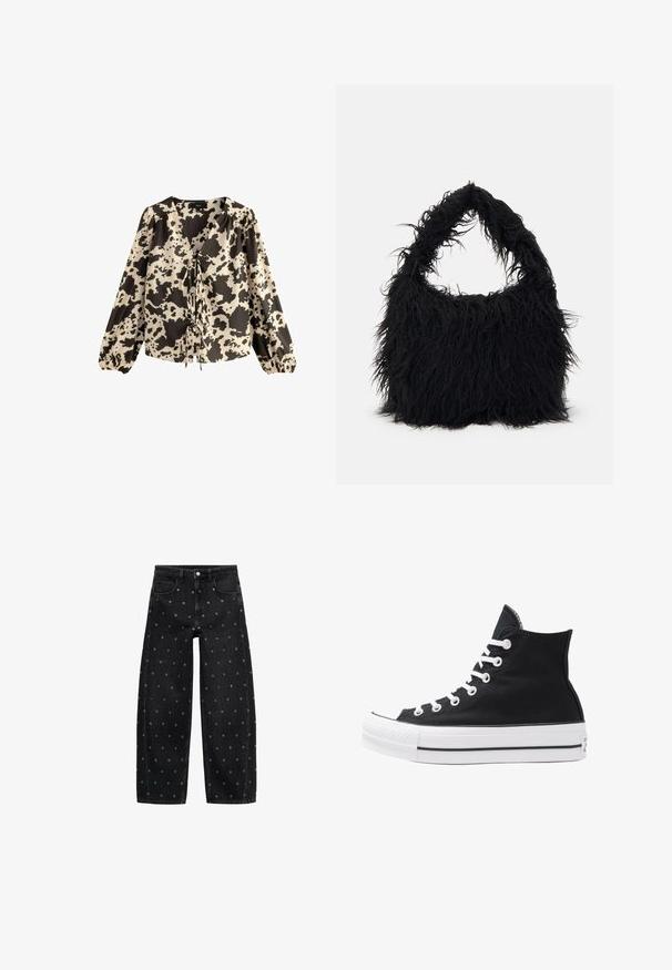 Bluzica dugih rukava u krem i crnoj kravičastoj ispisi. Ima duboki V-izrez s vezanom prednjom stranom i nabrane rukave s elastičnim manžetama.; Crne traperice širih nogavica s uzorkom malih srebrnih grometa, klasičnog dizajna s pet džepova i zatvaranjem na kopčanje.; Visoke crne platnene tenisice s bijelim rupama, vezicama i gumenim potplatom. Imaju teksturirani vrh i crno-bijele pruge kao ukrase.; Even&Odd Velika torba - black