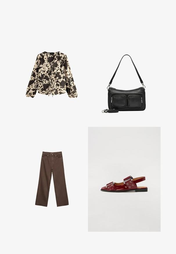 Bluzka z długim rękawem w kolorze kremowym i czarnej w panterkę. Posiada głęboki dekolt w kształcie litery V, wiązany z przodu oraz bufiaste rękawy z elastycznymi mankietami.; Szerokie brązowe dżinsy wykonane z denimu, z wysokim stanem, przednimi kieszeniami i klasycznym zapięciem na guzik. Gładka faktura z subtelnym przeszyciem.; Burgundowe lakierowane buty na obcasie z noskiem w szpic, z dwoma regulowanymi paskami z klamrami i srebrnymi akcentami.; Czarna skórzana torebka na ramię z dwoma kieszeniami na zamek z przodu, pojedynczym paskiem na ramię i srebrnymi akcentami. Gładka tekstura i elegancki design.