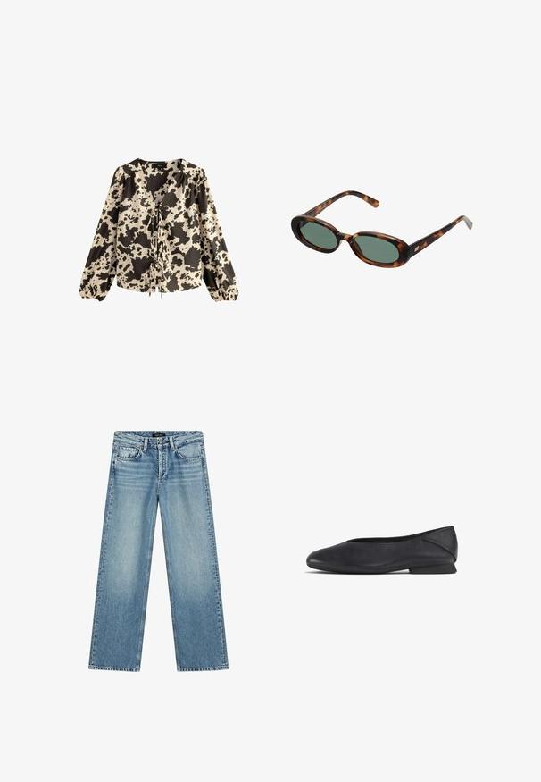 Blouse à manches longues en imprimé vache crème et noir. Dotée d'un décolleté en V profond avec un devant noué et des manches froncées avec des poignets élastiques.; Jean large à jambes larges bleu clair en denim. Comprend cinq poches, une fermeture par bouton, et un léger délavage créant un aspect texturé.; Chaussure plate en cuir noir avec un bout rond et un petit talon, conçue pour une utilisation décontractée ou formelle.; Lunettes de soleil en écaille de tortue avec des montures ovales et des verres verts. Elles présentent des branches fines avec un accent métallique près des charnières.